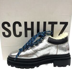 SCHUTZ Womens 7.5 Lug Sole Metallic Silver Lucille Lace Up Platform Sneaker Boot